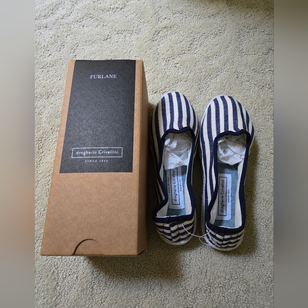 Drogheria Crivellini navy linen stripe slippers